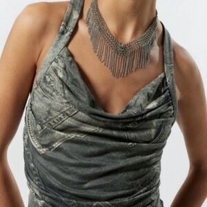 🟤NWT SILENCE + NOISE Jordyn Asymmetrical Cross-Back Dress in Black Jean Print LG